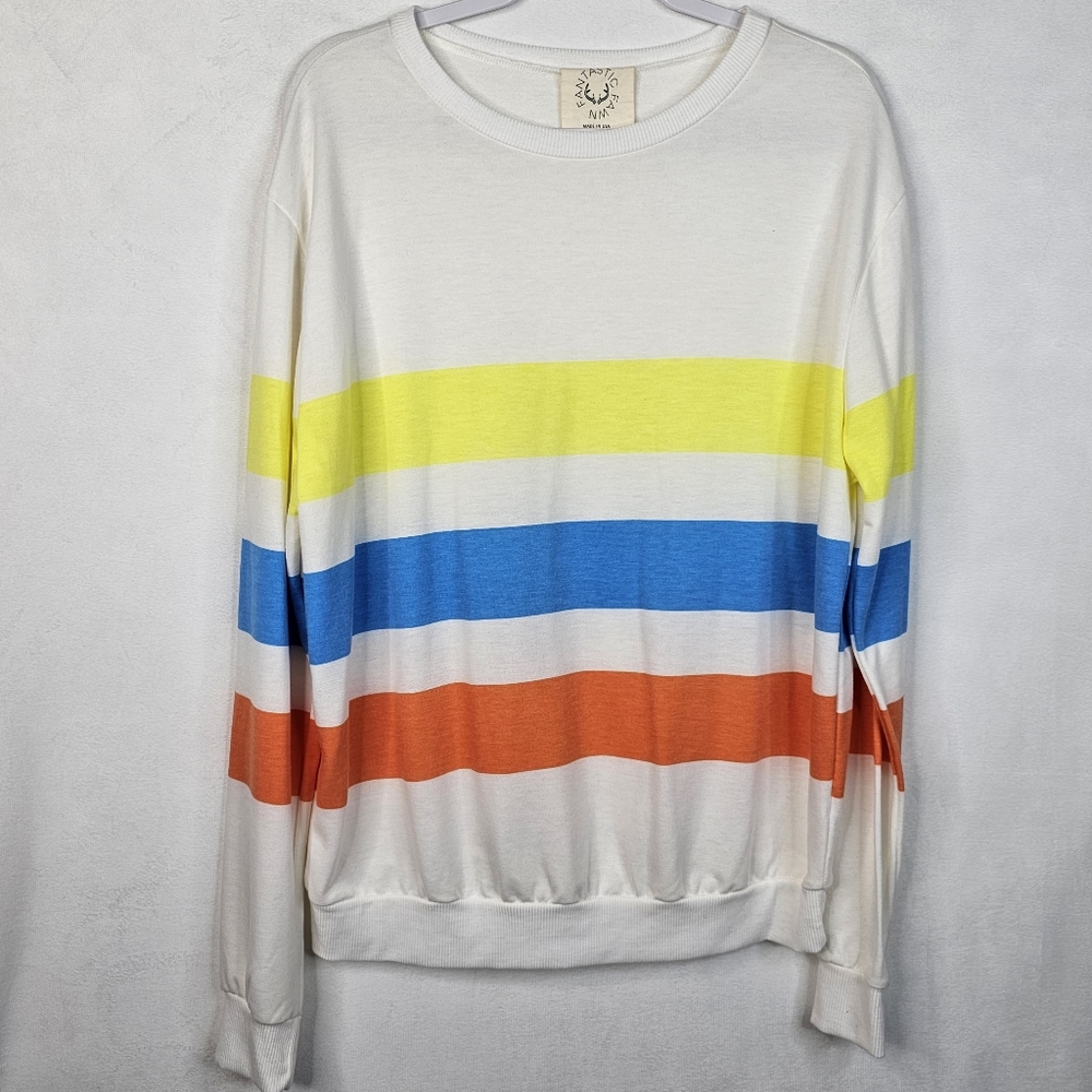 Striped Crewneck Sweater in White with Yellow, Blue & Orange Stripes